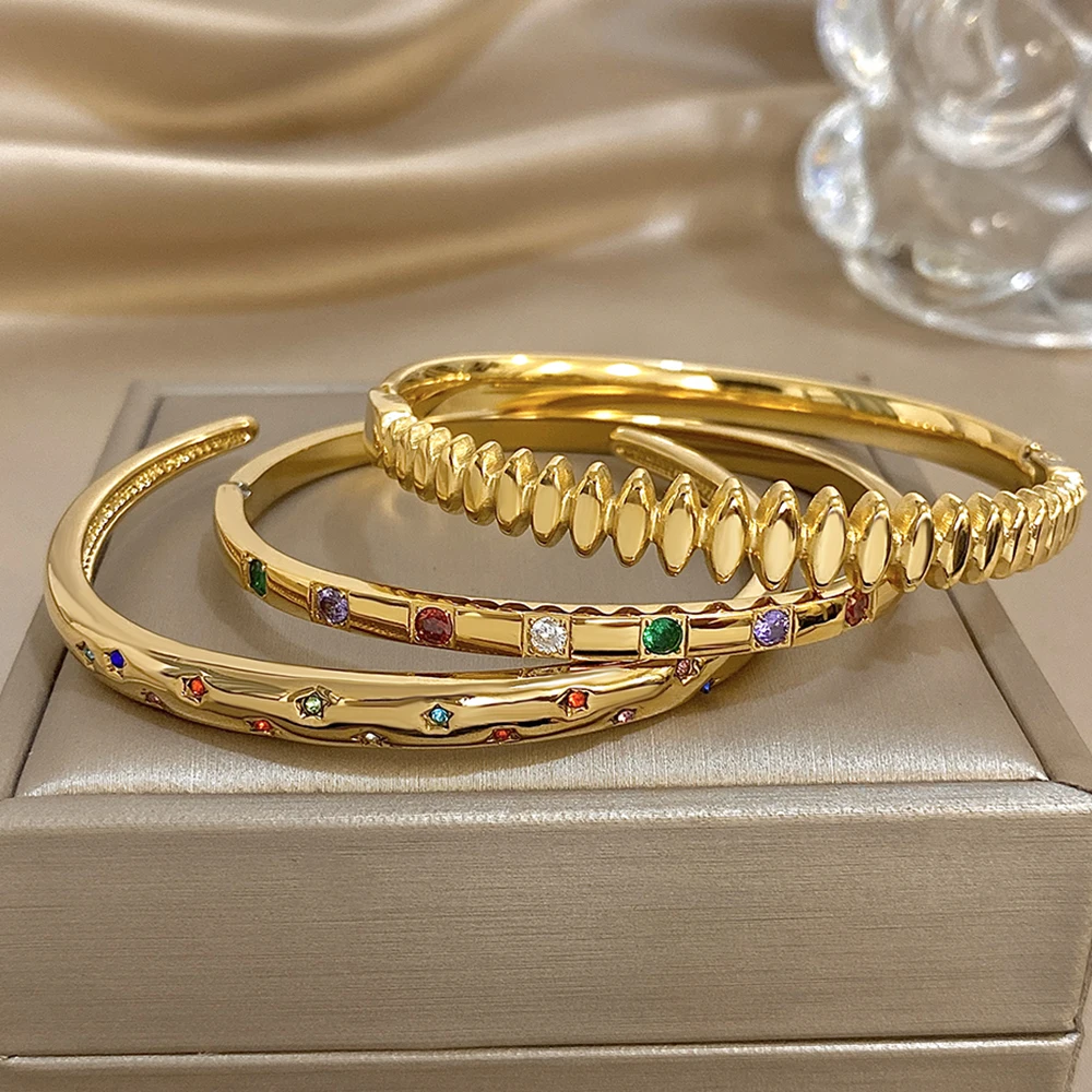 Gold Plated New Stainless Steel Bracelet Inlaid Colorful Rhinestones Luxurious Open Cuff Bangles Bracelets for Women Men Jewelry thumbnail 6