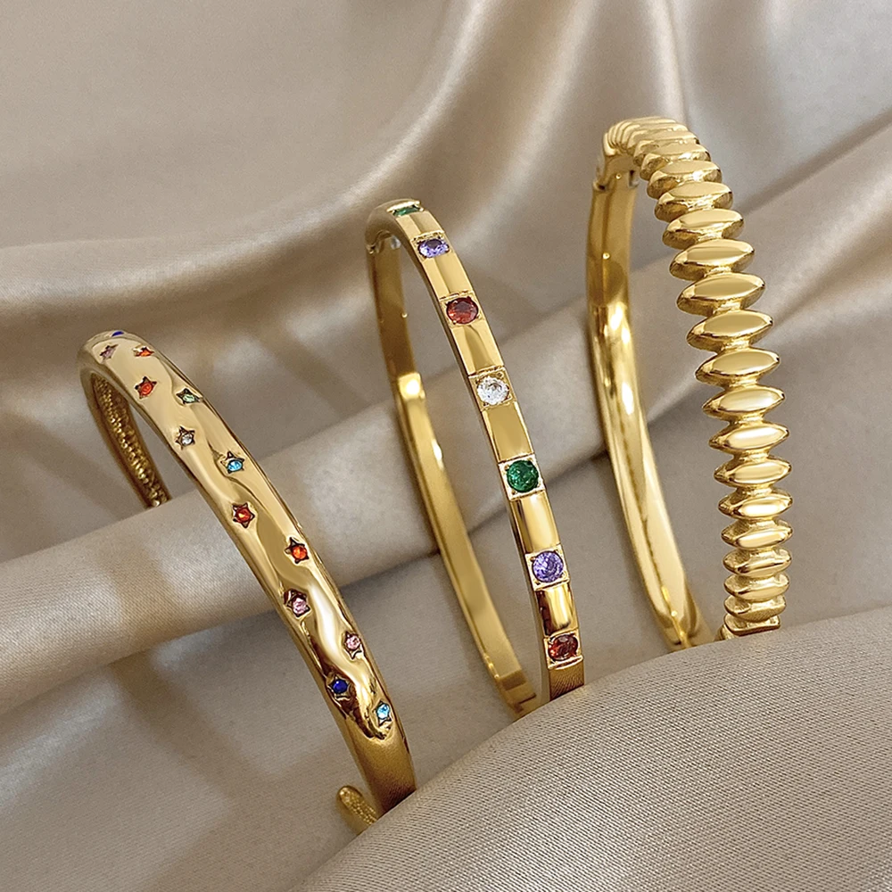 Gold Plated New Stainless Steel Bracelet Inlaid Colorful Rhinestones Luxurious Open Cuff Bangles Bracelets for Women Men Jewelry