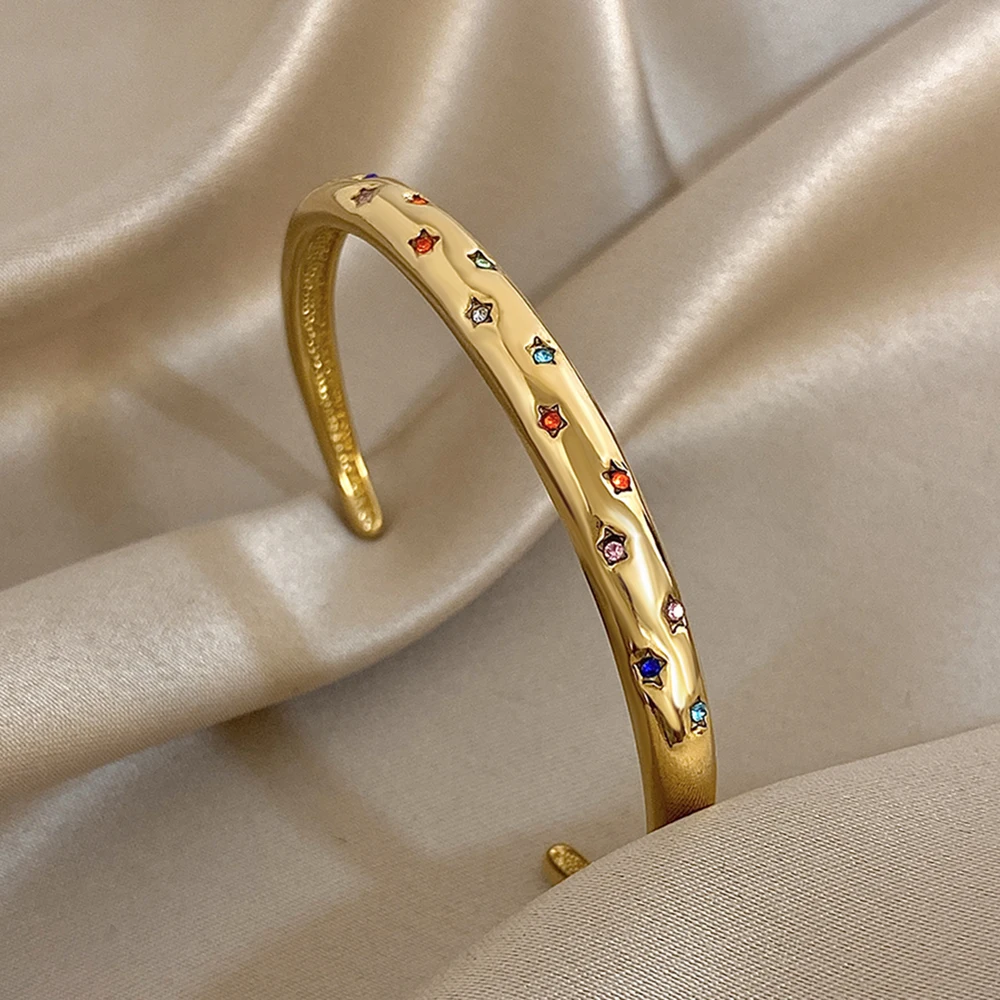 Gold Plated New Stainless Steel Bracelet Inlaid Colorful Rhinestones Luxurious Open Cuff Bangles Bracelets for Women Men Jewelry thumbnail 2