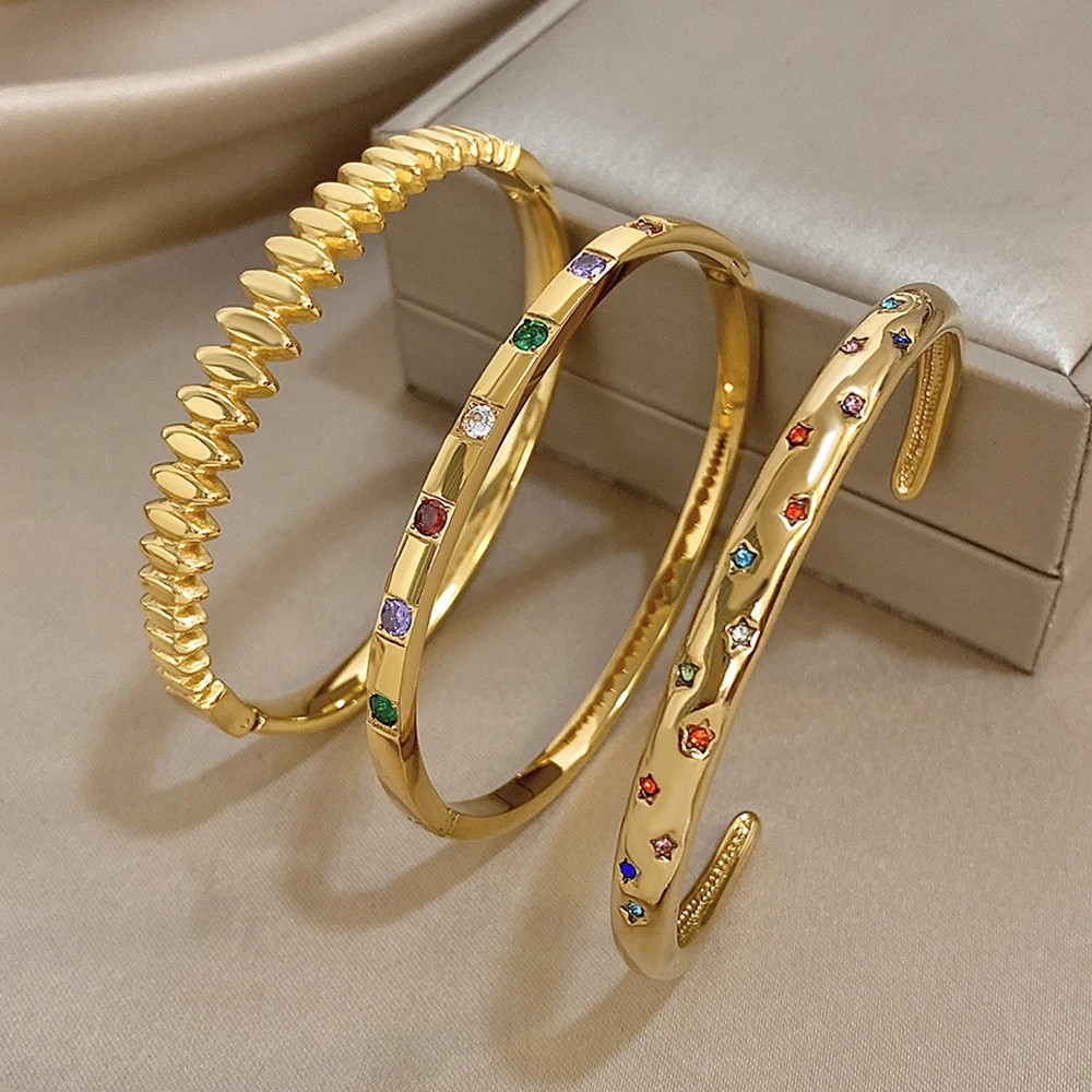 Gold Plated New Stainless Steel Bracelet Inlaid Colorful Rhinestones Luxurious Open Cuff Bangles Bracelets for Women Men Jewelry thumbnail 5