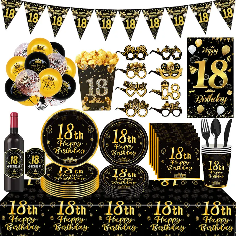 Black Gold 18 Year Old Birthday Decoration Tableware Plates Cups Tablecloth Balloon Set Popcorn Box 18th Birthday Party Supplies