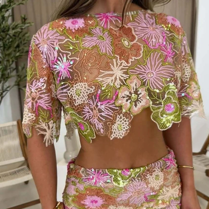 Women's Slim Fit Printed Crop Top And Skirt Set with Sequin Embroidery See-through Summer Beach Outfit Short Sleeve thumbnail 6