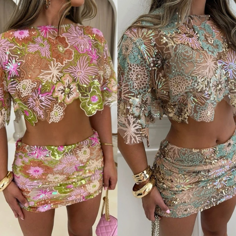 Women's Slim Fit Printed Crop Top And Skirt Set with Sequin Embroidery See-through Summer Beach Outfit Short Sleeve thumbnail 3