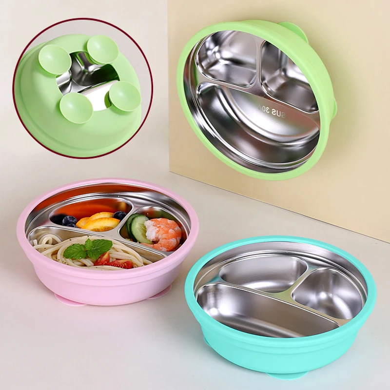 Children's Food Grade Silicone Stainless Steel Suction Plate Baby Feeding Bowl Cartoon Design Meal Plate Kids Dining Set