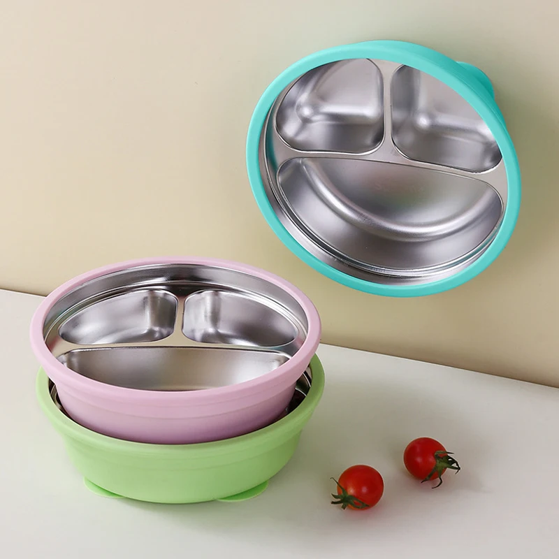 Children's Food Grade Silicone Stainless Steel Suction Plate Baby Feeding Bowl Cartoon Design Meal Plate Kids Dining Set thumbnail 6