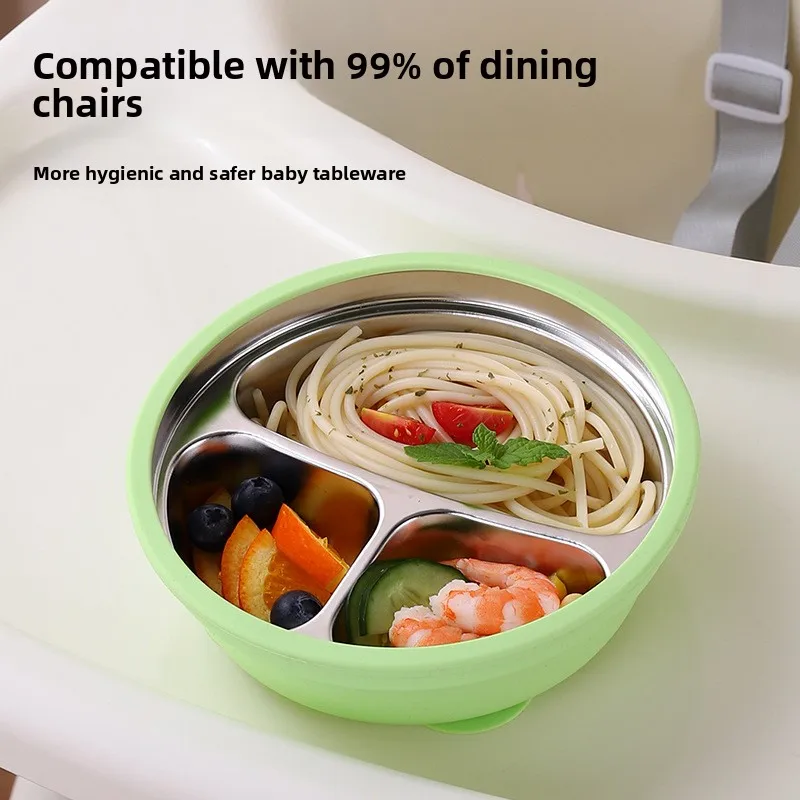 Children's Food Grade Silicone Stainless Steel Suction Plate Baby Feeding Bowl Cartoon Design Meal Plate Kids Dining Set thumbnail 2