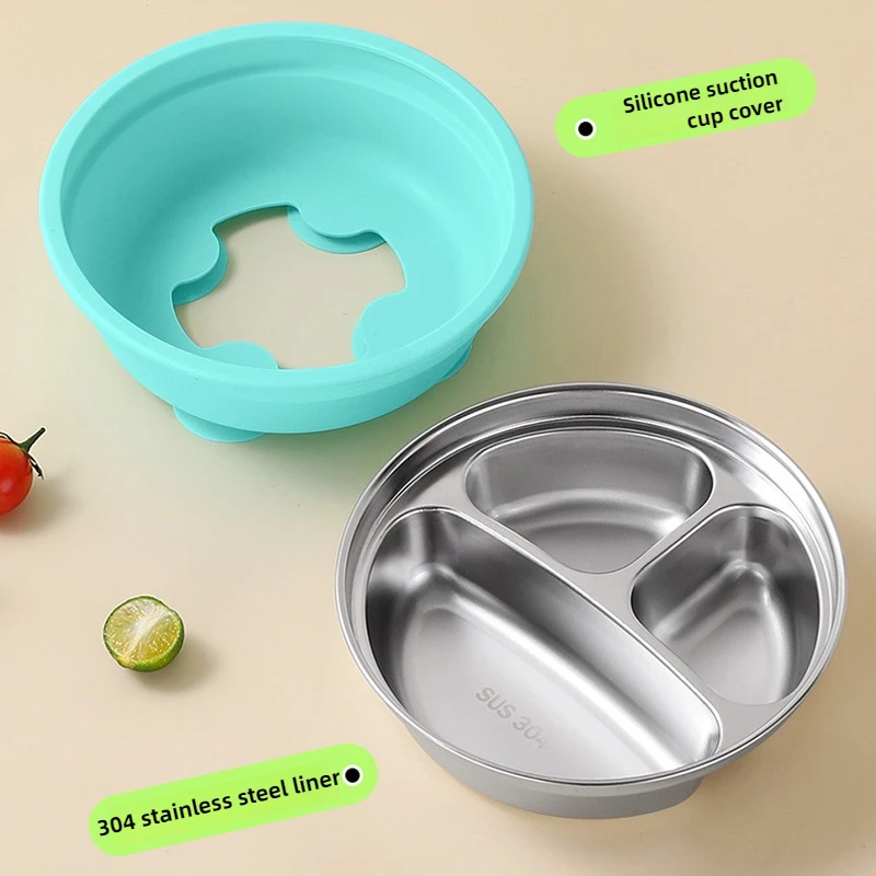 Children's Food Grade Silicone Stainless Steel Suction Plate Baby Feeding Bowl Cartoon Design Meal Plate Kids Dining Set thumbnail 4