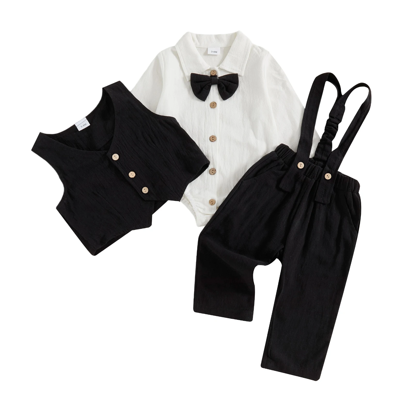 0-18M Newborn Baby Boy Dress Clothes Long Sleeve Romper Shirt Bowtie Waistcoat Suspender Pants Set Suit Fall Outfits thumbnail 2