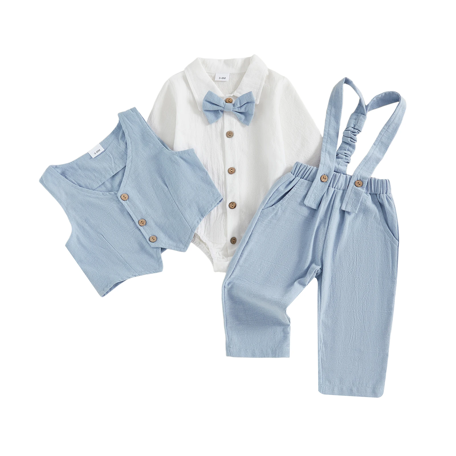 0-18M Newborn Baby Boy Dress Clothes Long Sleeve Romper Shirt Bowtie Waistcoat Suspender Pants Set Suit Fall Outfits