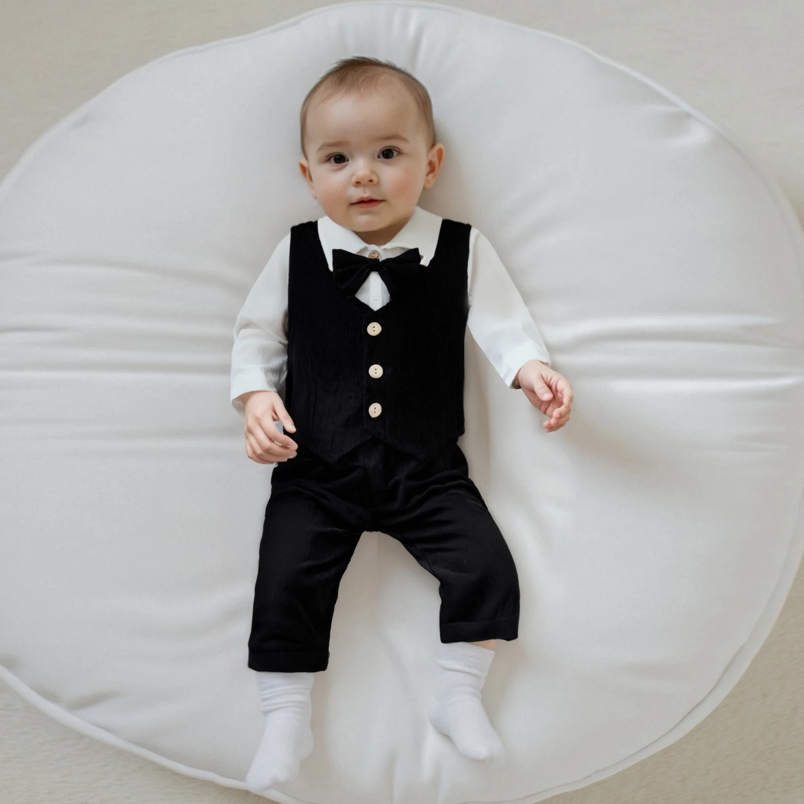0-18M Newborn Baby Boy Dress Clothes Long Sleeve Romper Shirt Bowtie Waistcoat Suspender Pants Set Suit Fall Outfits thumbnail 4