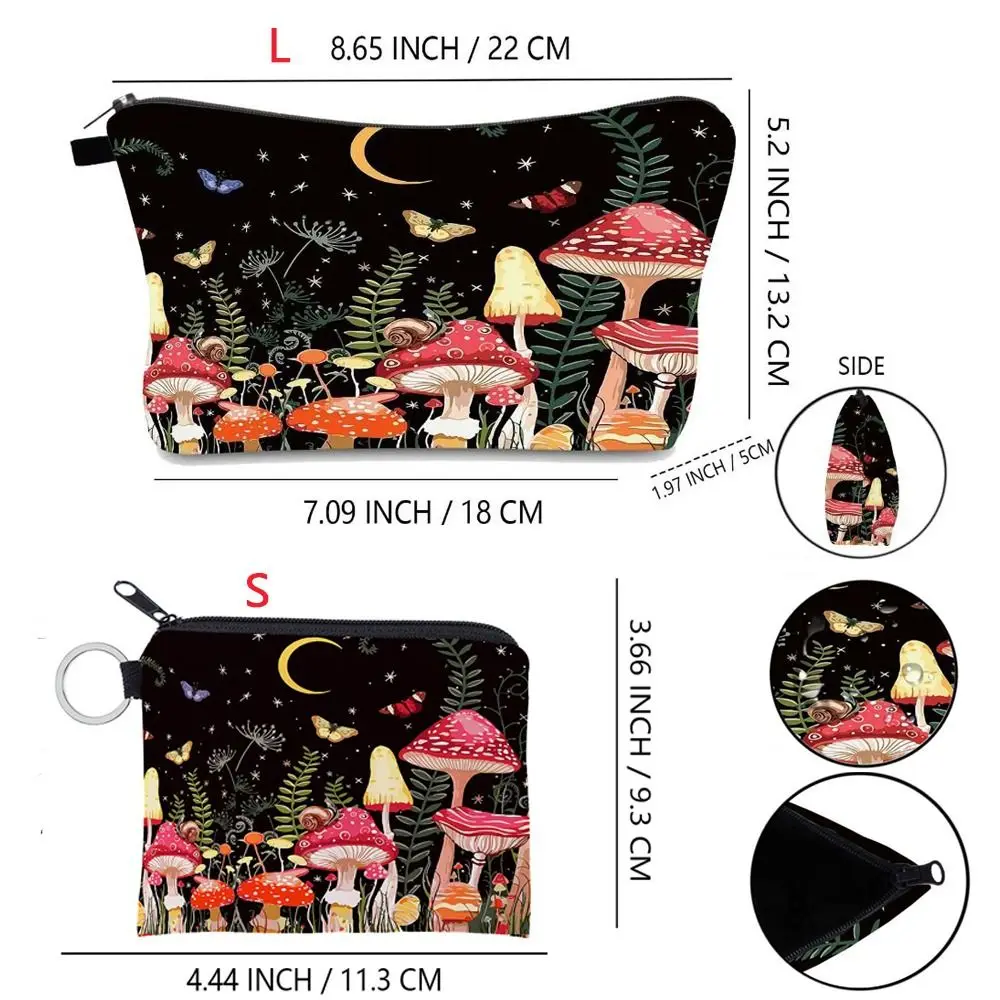 Cute Mushroom Print Cosmetic Bag Large Capacity Zipper Coin Purse Polyester Travel Storage Bag thumbnail 6