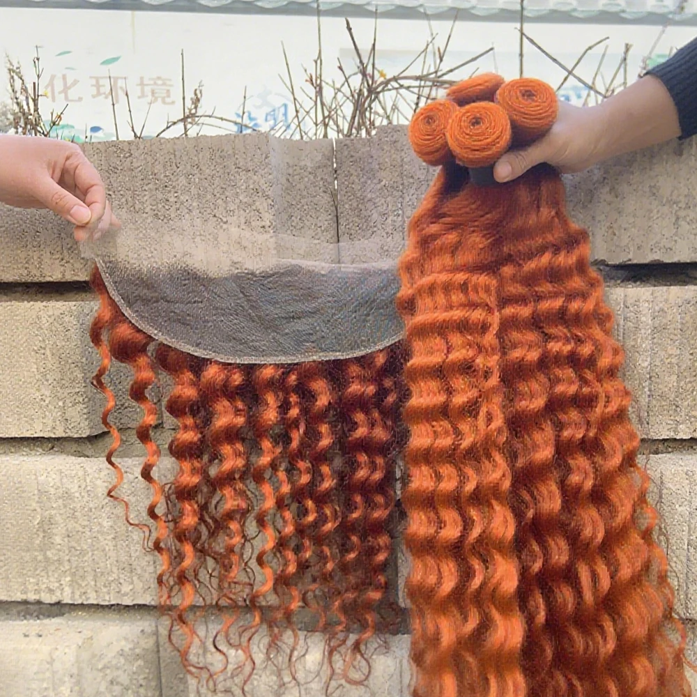 #350 Ginger Water Wave Human Hair Bundle With Closure Deep Curly Brazilian Virgin Human Hair 4x4 13x4 HD Lace Closure Frontal thumbnail 4