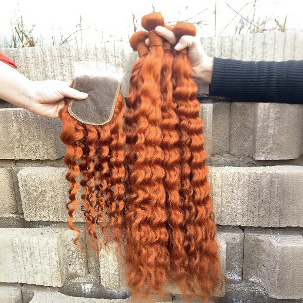 #350 Ginger Water Wave Human Hair Bundle With Closure Deep Curly Brazilian Virgin Human Hair 4x4 13x4 HD Lace Closure Frontal thumbnail 5