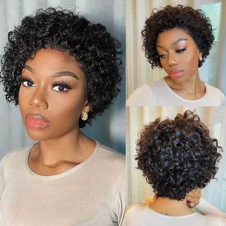 Pixie Cut Wigs Human Hair Short Curly Lace Front Human Hair Wigs Brazilian 13x1 Transparent Lace Wigs  Water Wave Bob Wig thumbnail 3