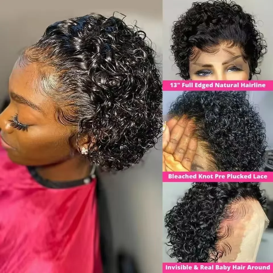 Pixie Cut Wigs Human Hair Short Curly Lace Front Human Hair Wigs Brazilian 13x1 Transparent Lace Wigs  Water Wave Bob Wig thumbnail 2