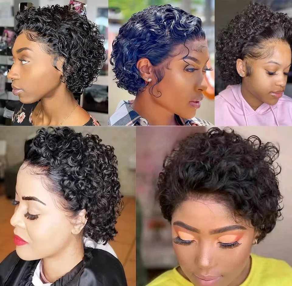 Pixie Cut Wigs Human Hair Short Curly Lace Front Human Hair Wigs Brazilian 13x1 Transparent Lace Wigs  Water Wave Bob Wig thumbnail 4
