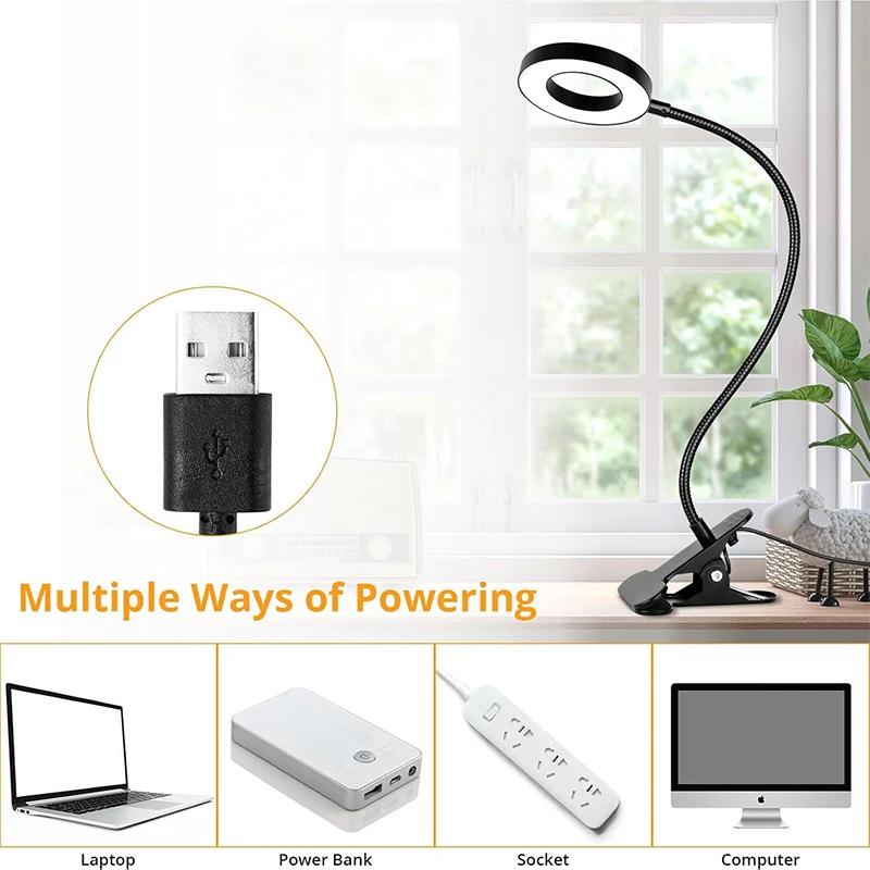 Reading Desk Lamp Bed Dimmable, 3 Modes & 10 Dimming Levels USB Clamp Lamps 360° Flexible Book Clip thumbnail 5