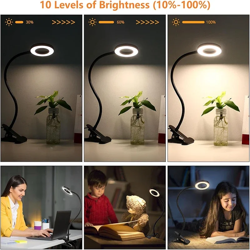 Reading Desk Lamp Bed Dimmable, 3 Modes & 10 Dimming Levels USB Clamp Lamps 360° Flexible Book Clip thumbnail 3