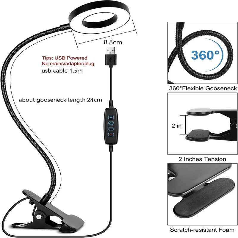 Reading Desk Lamp Bed Dimmable, 3 Modes & 10 Dimming Levels USB Clamp Lamps 360° Flexible Book Clip thumbnail 4