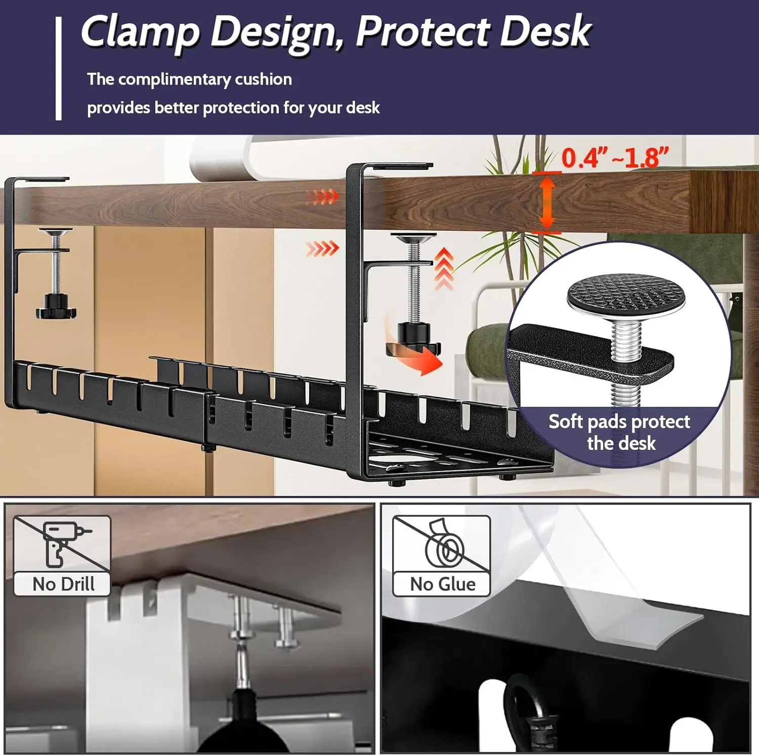 Under Desk Cable Management Tray 15.7"-31" Retractable Metal Wire Organizer Under Table Cord Management with Clamp No Drilling thumbnail 3