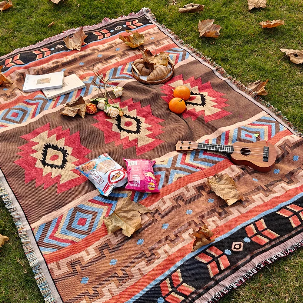 Western Bohemian style blanket, outdoor blanket, camping picnic blanket, decorative bed blanket, checkered sofa cushion, travel thumbnail 5