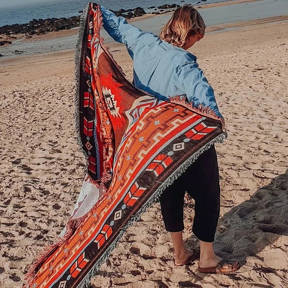 Western Bohemian style blanket, outdoor blanket, camping picnic blanket, decorative bed blanket, checkered sofa cushion, travel thumbnail 3