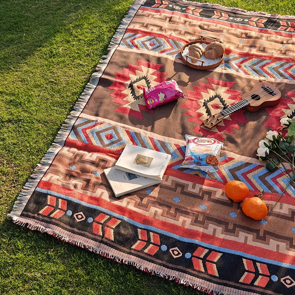 Western Bohemian style blanket, outdoor blanket, camping picnic blanket, decorative bed blanket, checkered sofa cushion, travel thumbnail 2