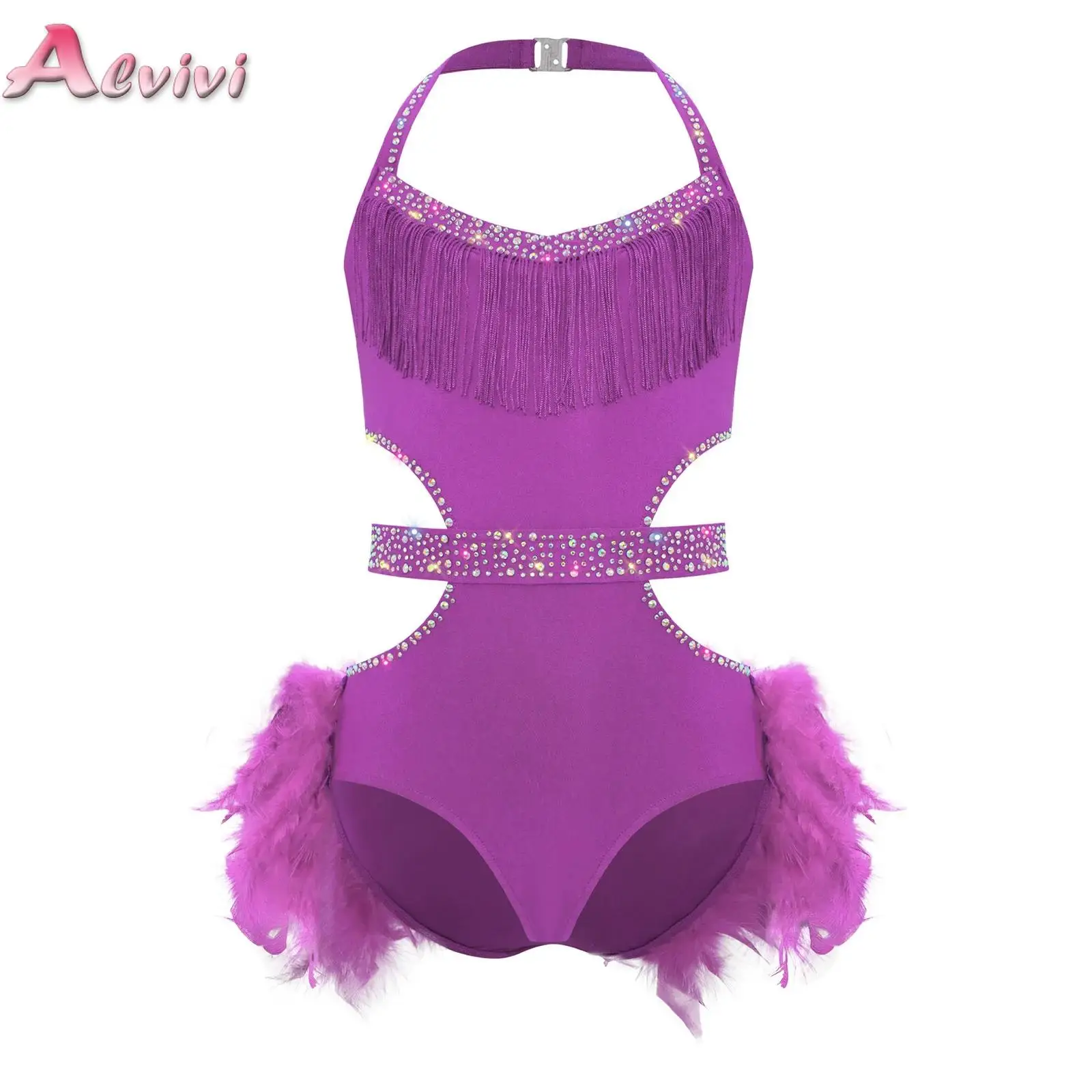 Kids Girls Feather Skirted Leotard Sparkly Rhinestones Tutu Ballet Leotard Child Gymnastics Bodysuit Teens Latin Dance Costume