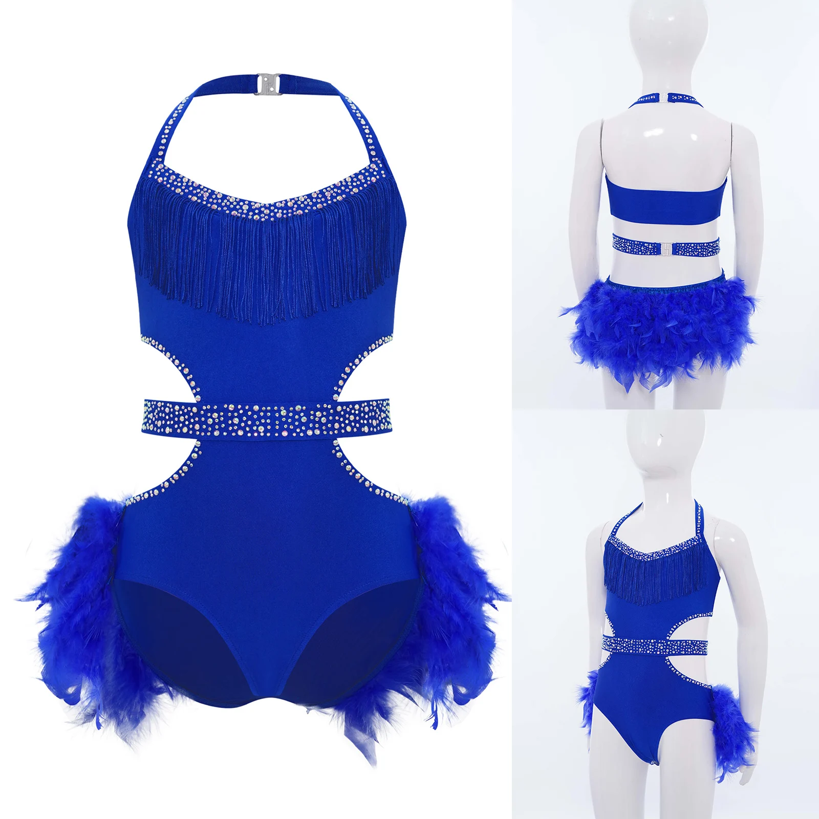 Kids Girls Feather Skirted Leotard Sparkly Rhinestones Tutu Ballet Leotard Child Gymnastics Bodysuit Teens Latin Dance Costume thumbnail 2