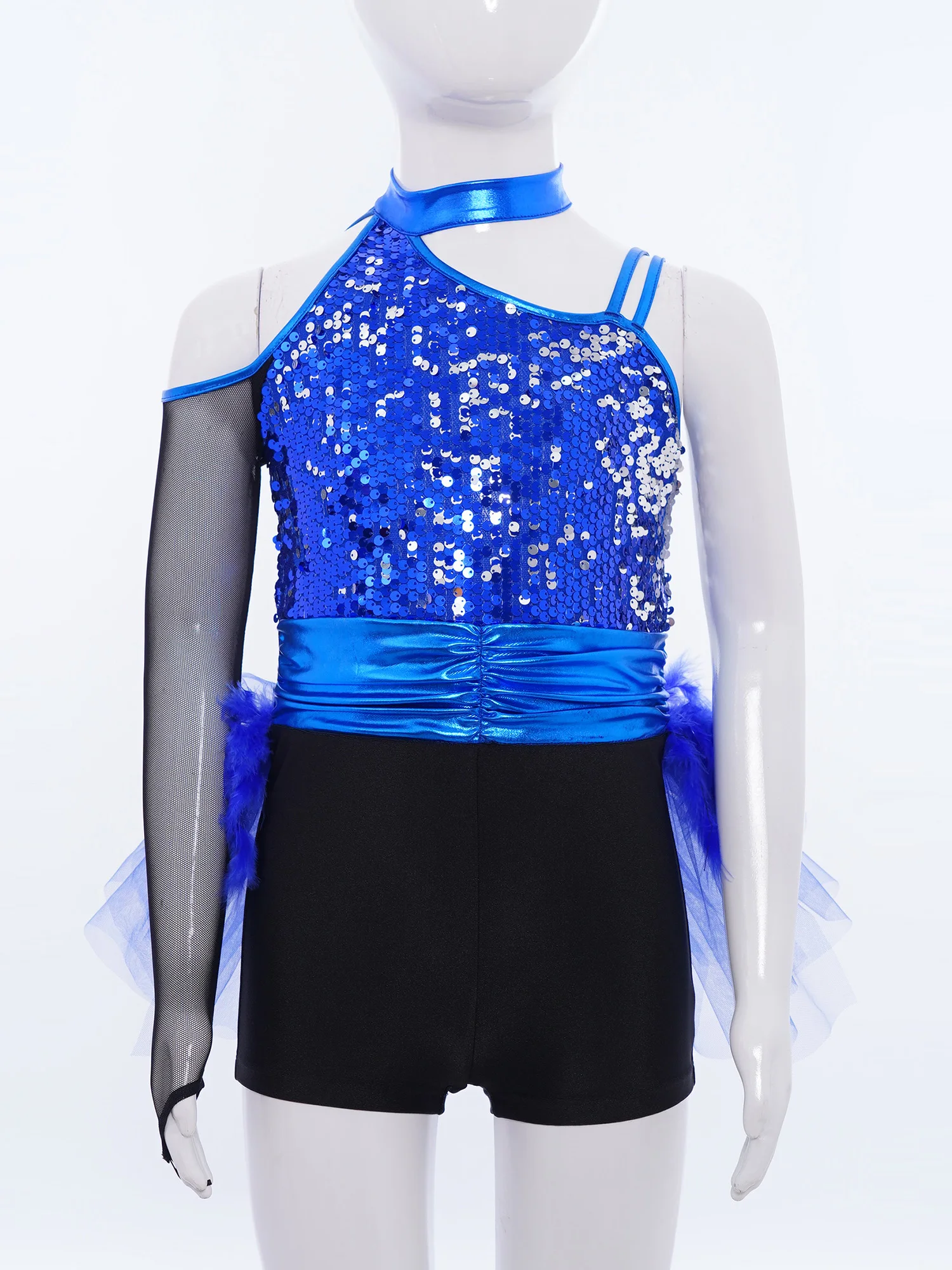 Kids Girls Feather Skirted Leotard Sparkly Rhinestones Tutu Ballet Leotard Child Gymnastics Bodysuit Teens Latin Dance Costume thumbnail 4