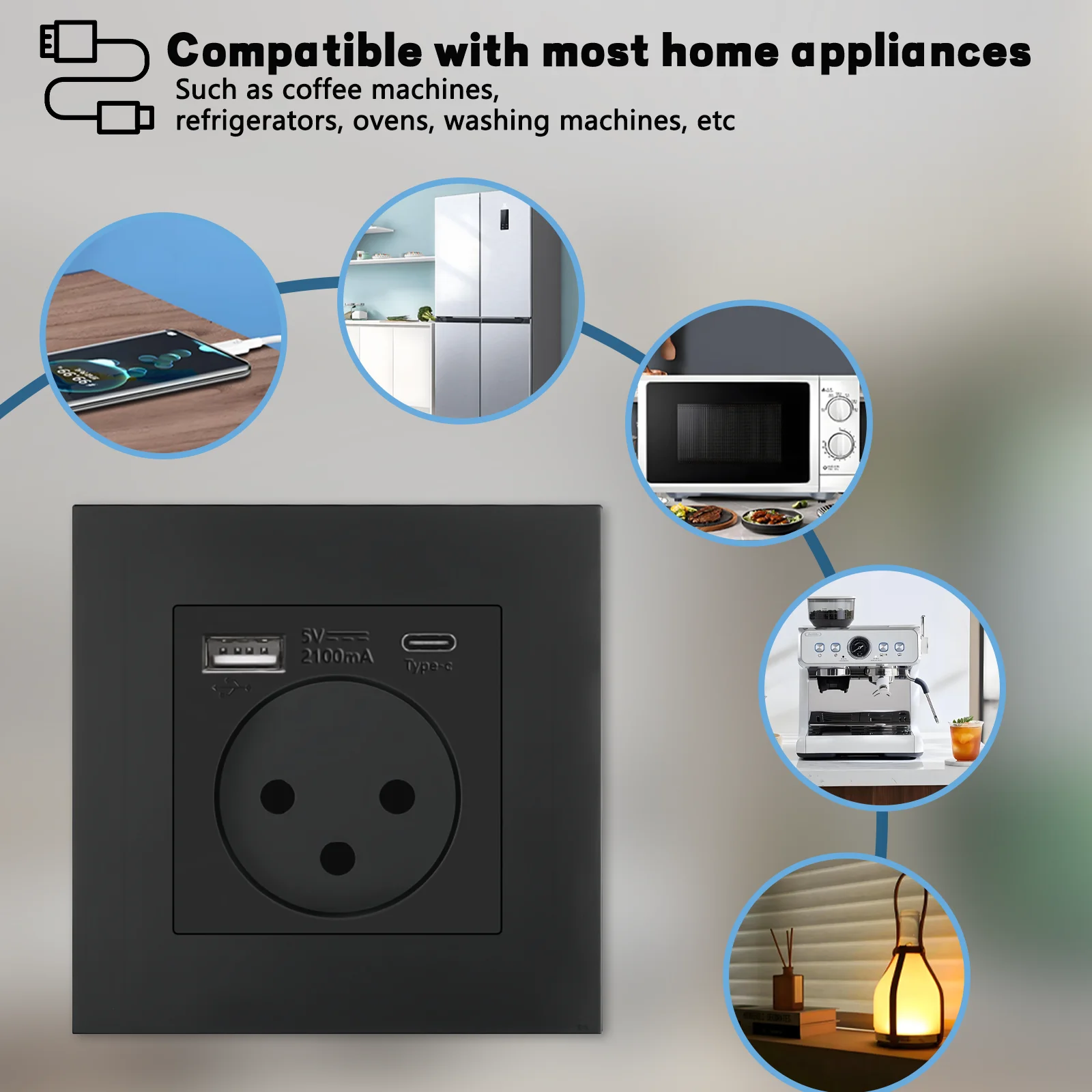 SIROT Israel Standard Wall Socket Power,5V 2.1A USB Type-C Mobile Phone Charging Port,Israel Black Switch and Socket Combination thumbnail 2