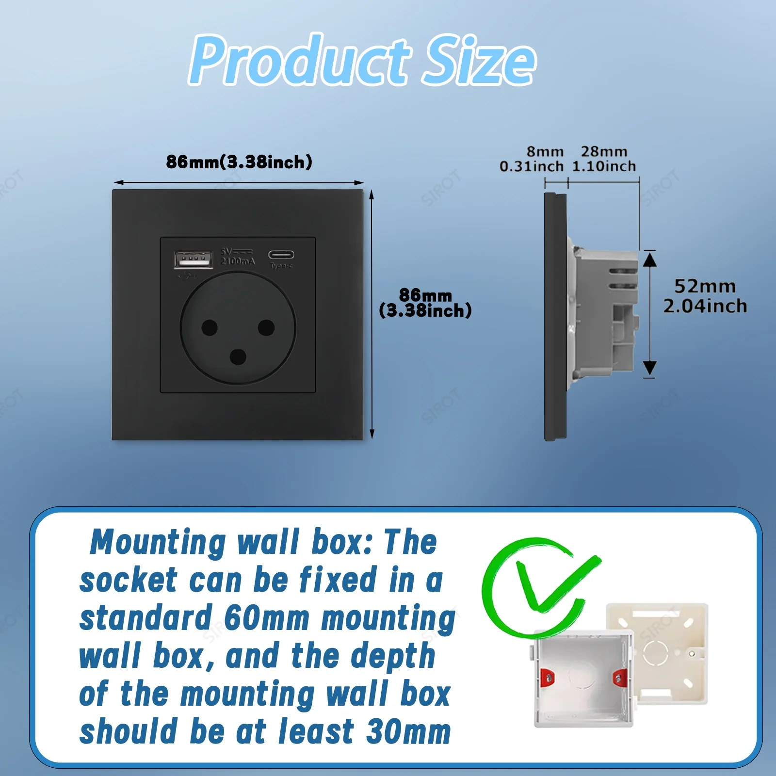 SIROT Israel Standard Wall Socket Power,5V 2.1A USB Type-C Mobile Phone Charging Port,Israel Black Switch and Socket Combination thumbnail 6