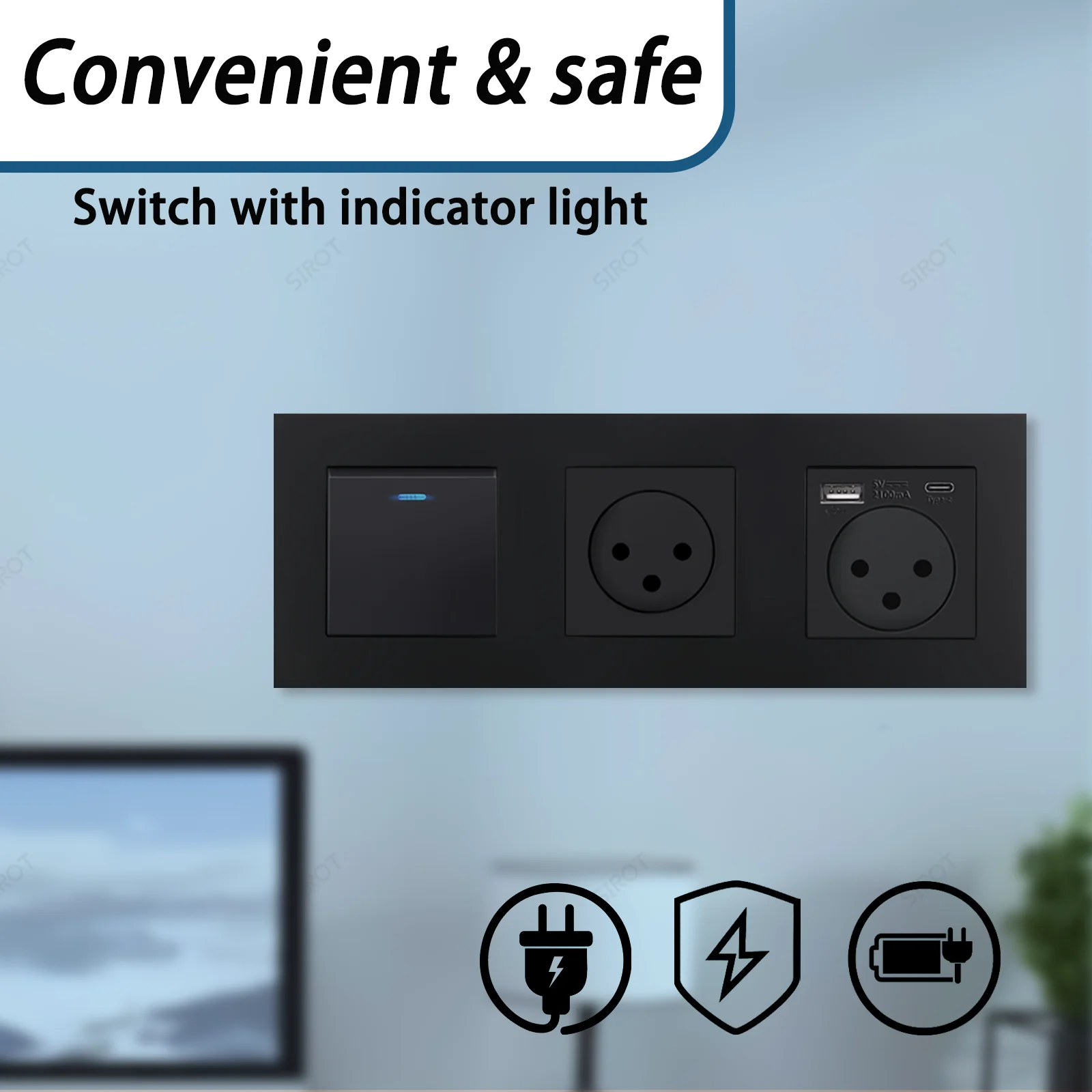 SIROT Israel Standard Wall Socket Power,5V 2.1A USB Type-C Mobile Phone Charging Port,Israel Black Switch and Socket Combination thumbnail 4