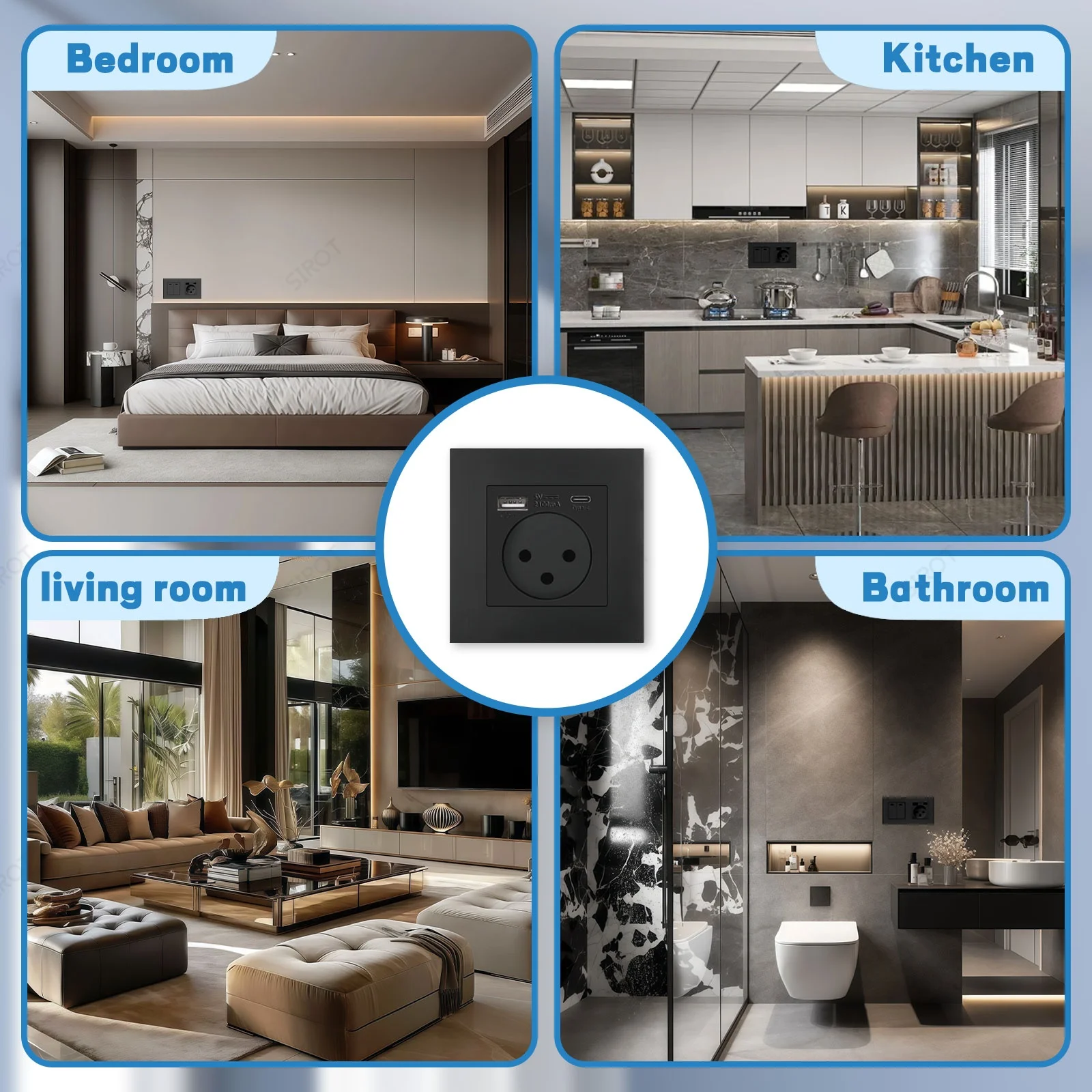 SIROT Israel Standard Wall Socket Power,5V 2.1A USB Type-C Mobile Phone Charging Port,Israel Black Switch and Socket Combination thumbnail 5