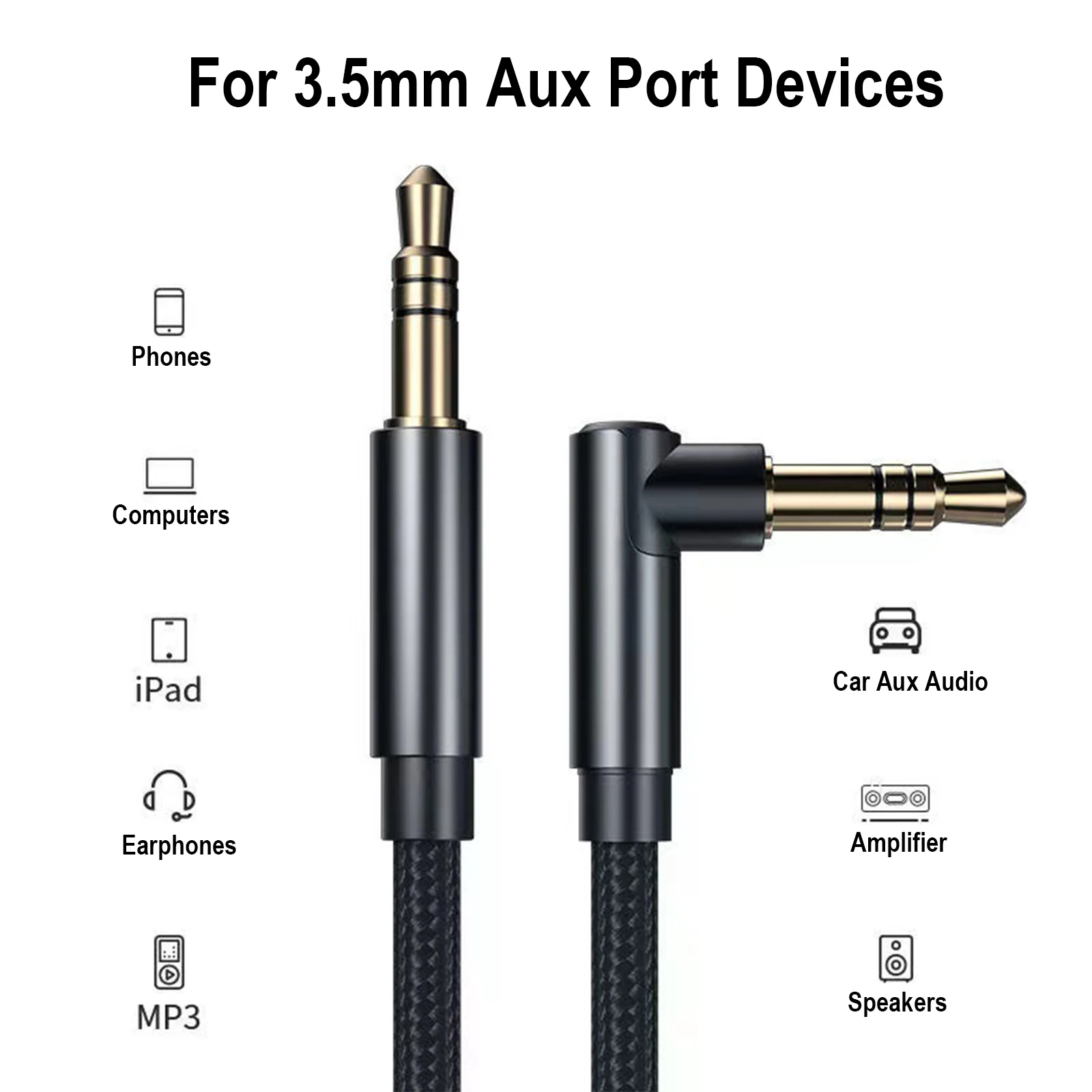 3.5mm Aux Cord 90° Right Angle 3.5MM Male to Male HiFi Stereo Audio Cable for Phones, Tablets, Headphones, Speakers, Laptops. thumbnail 2