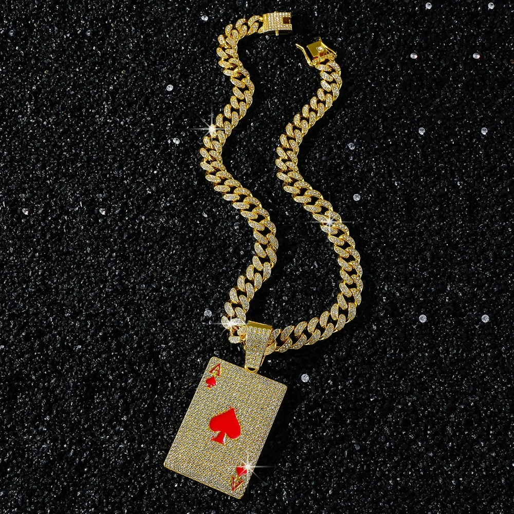 Men Women Hip Hop Poker Pendant Necklace with 13mm Cuban Chain Hiphop Iced Out Red Peach A Necklaces Fashion Punk Jewelry Gifts thumbnail 4