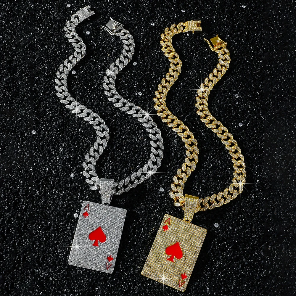 Men Women Hip Hop Poker Pendant Necklace with 13mm Cuban Chain Hiphop Iced Out Red Peach A Necklaces Fashion Punk Jewelry Gifts thumbnail 2