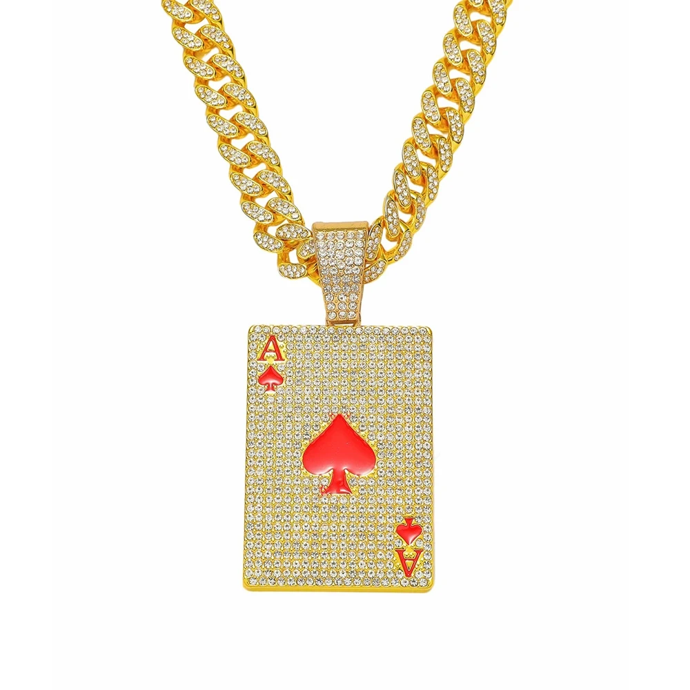 Men Women Hip Hop Poker Pendant Necklace with 13mm Cuban Chain Hiphop Iced Out Red Peach A Necklaces Fashion Punk Jewelry Gifts thumbnail 6