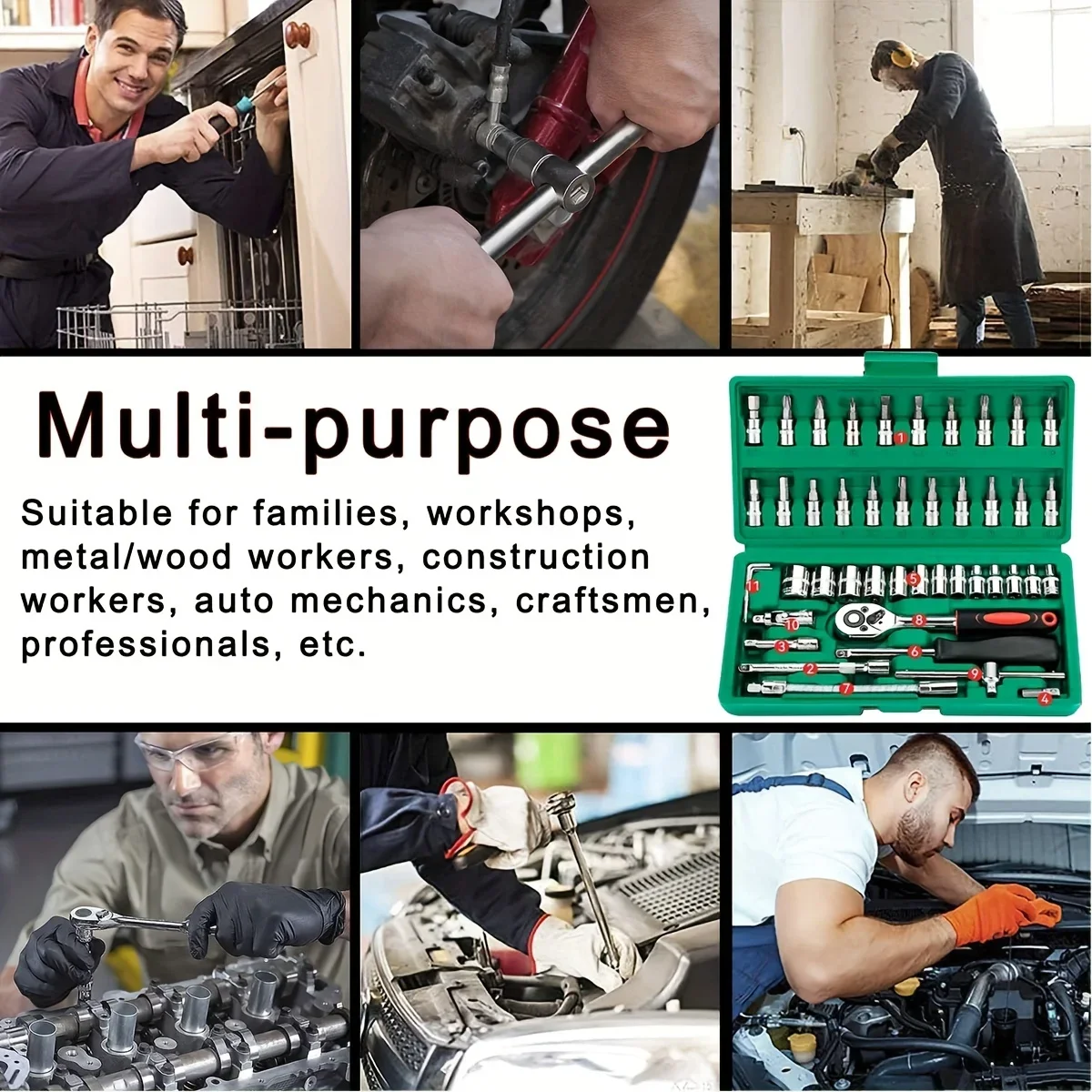 46Pcs Family Tools 1/4 Set Mechanic Tool Kits for Auto Repair Hous with Sockets Metric Hex Bit Socket Set inch Ratchet Wrench thumbnail 2