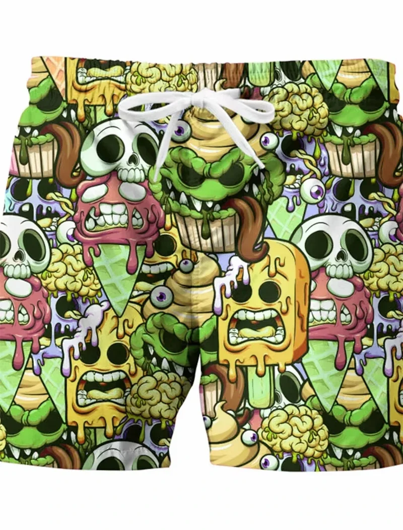 Funny Ice Cream Skull 3D Graphic Designer Shorts Men Woman Breathable Quick Dry Swimwear Pants Vacation Hawaii Beach Ice Trunks thumbnail 3