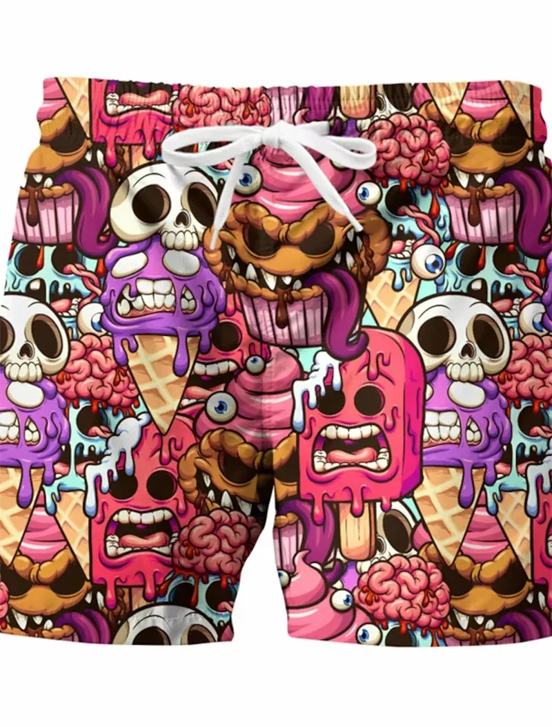 Funny Ice Cream Skull 3D Graphic Designer Shorts Men Woman Breathable Quick Dry Swimwear Pants Vacation Hawaii Beach Ice Trunks thumbnail 4