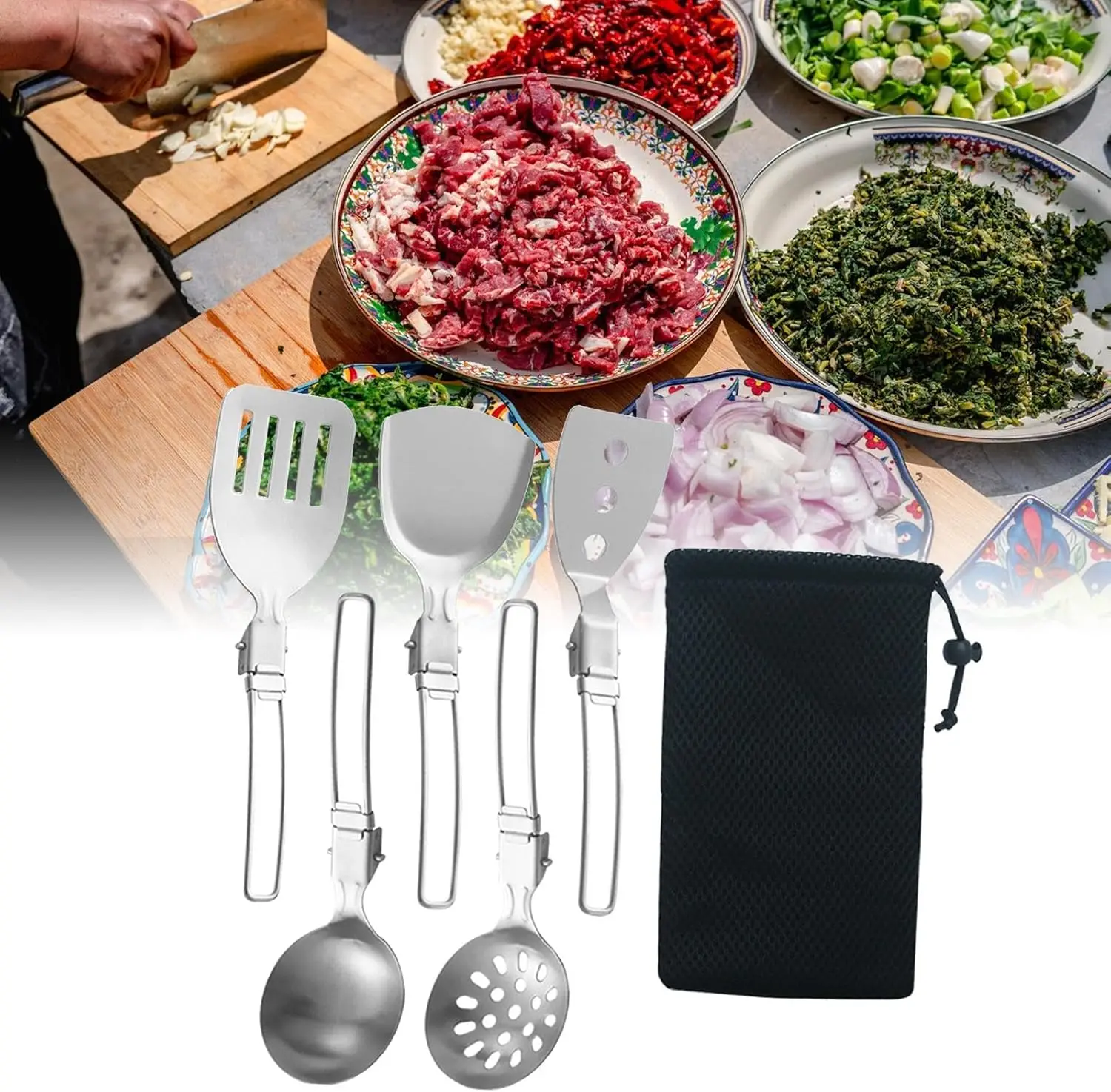 Folding Spatula Spoon Shovel Food Turner Portable 304 StainlessSteel Outdoor Camping BBQ Cooking Tableware Picnic Supplies ﻿ thumbnail 4