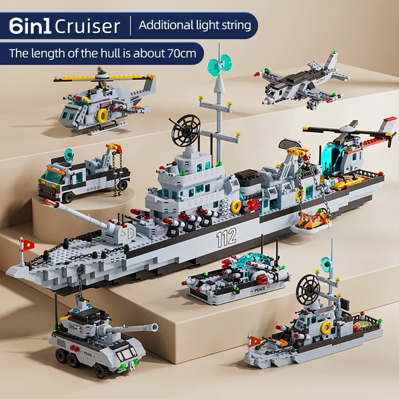 Large size 1560PCS Navy war ship Army ship model warship 6 in 1 multi-shape Building Blocks Construction Set for Boys Bricks Toy thumbnail 3