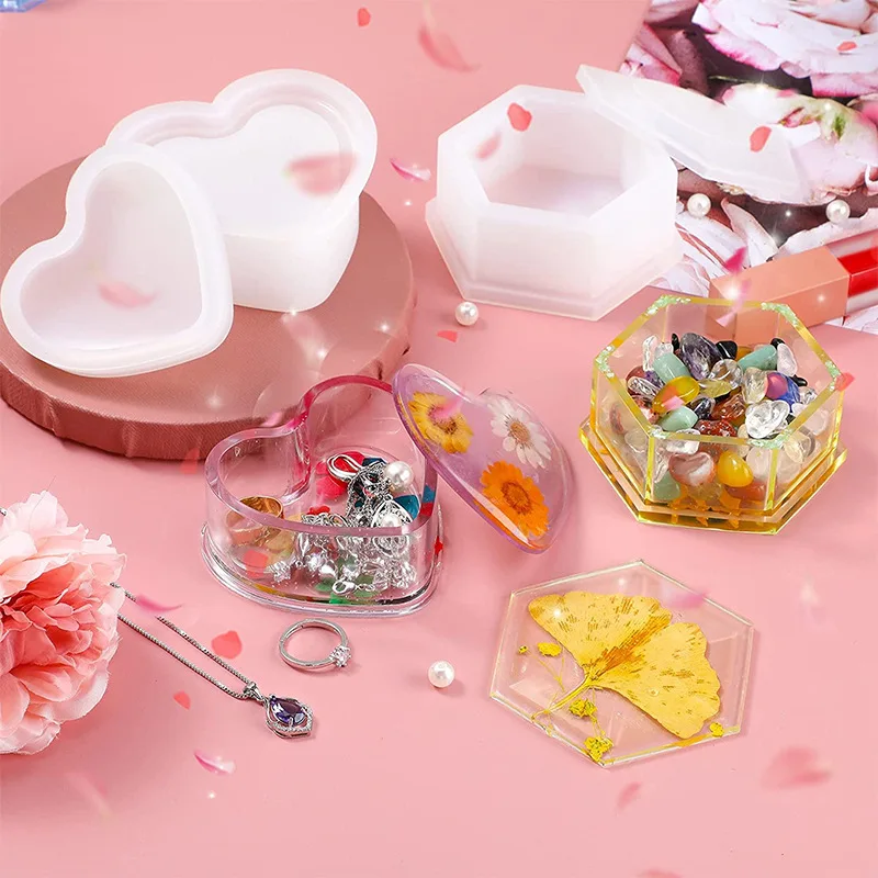 DIY Silicone Jewelry Box Mold Heart Hexagon Flower Storage Boxs Molds with Lid Epoxy Resin Mould Casting Crafting Macking Tool thumbnail 5