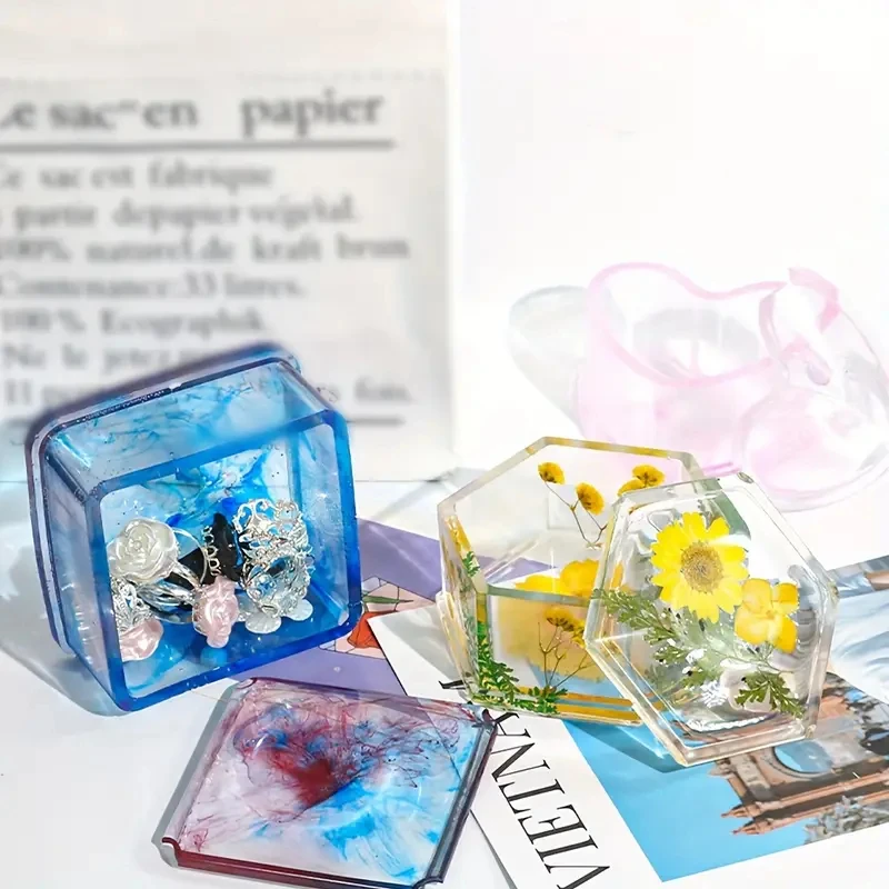DIY Silicone Jewelry Box Mold Heart Hexagon Flower Storage Boxs Molds with Lid Epoxy Resin Mould Casting Crafting Macking Tool thumbnail 3