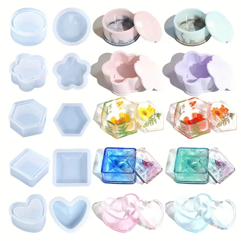 DIY Silicone Jewelry Box Mold Heart Hexagon Flower Storage Boxs Molds with Lid Epoxy Resin Mould Casting Crafting Macking Tool thumbnail 4