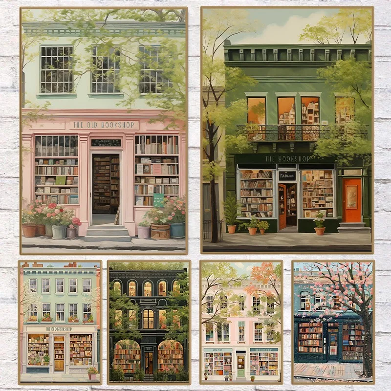 Vintage Inspired Old Bookshop Travel Poster Book Lover Antique Bookstore Canvas Painting Eclectic Wall Art for Room Home Decor