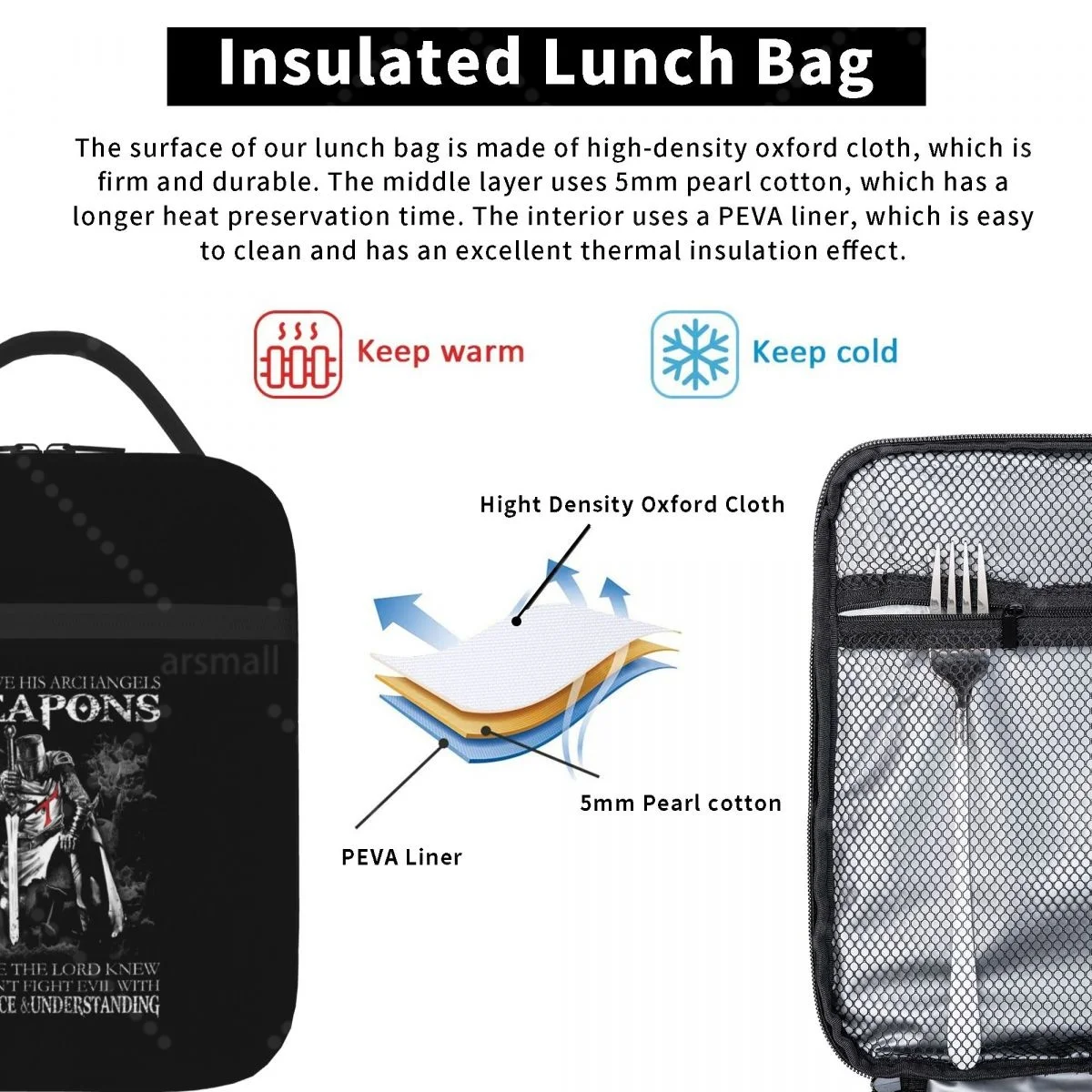 Custom Christian Knight Defend Lunch Bag Reusable Portable Cooler Thermal Lunch Box Oxford Bento Tote Bag for Work Travel Picnic thumbnail 5