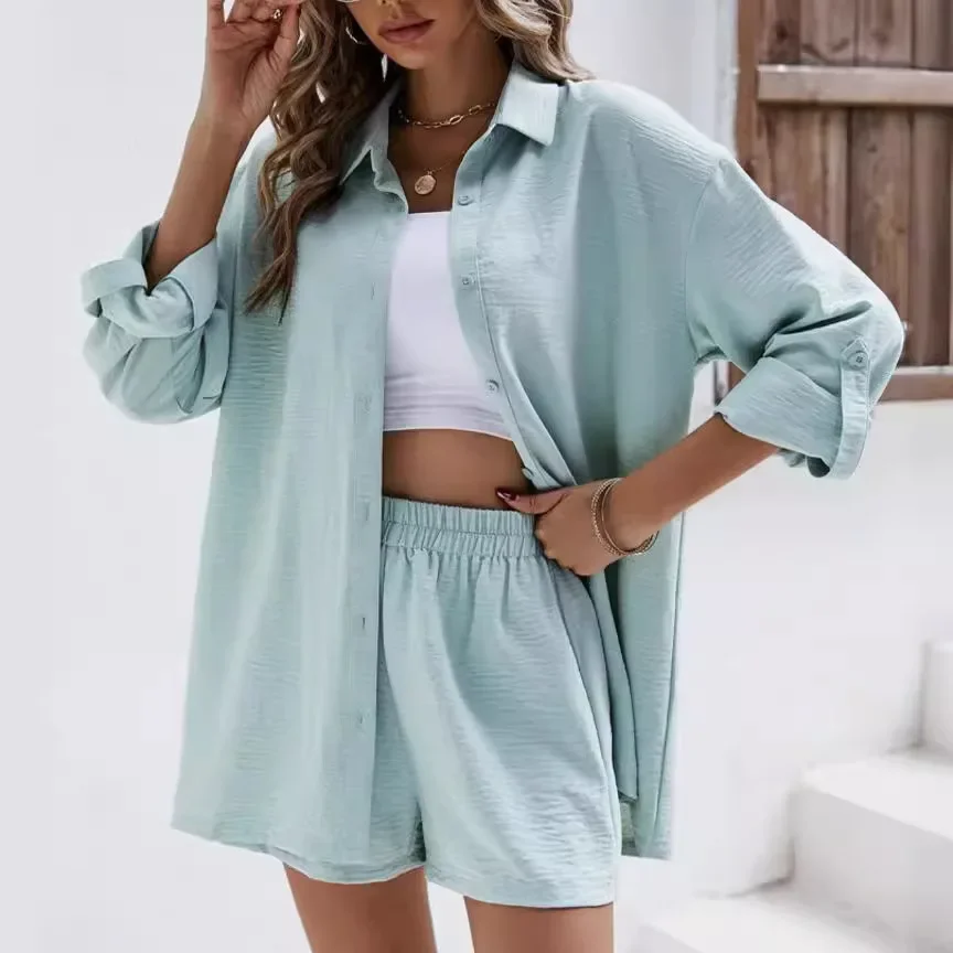 Fashionable Casual Suit Women's Clothing 2023 Spring Solid Color Lapel Long Sleeve Shirt High-Waisted Shorts Elastic Waist Skirt