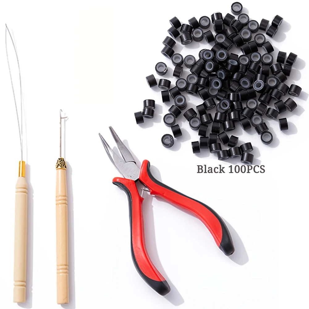 Hair Extensions Tool Kit I-tip Hair Extension Pliers Pulling Hook Bead Device Tool Kits and 100 Pcs 5 mm Micro Links Rings Beads thumbnail 2